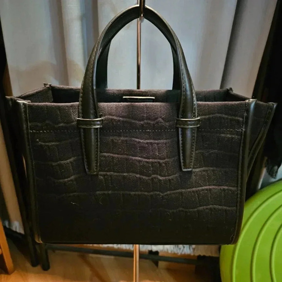 Zara | Black Mock Croc Mini Tote Bag/Faux Leather  and Fabric Satchel - Picture 11 of 15